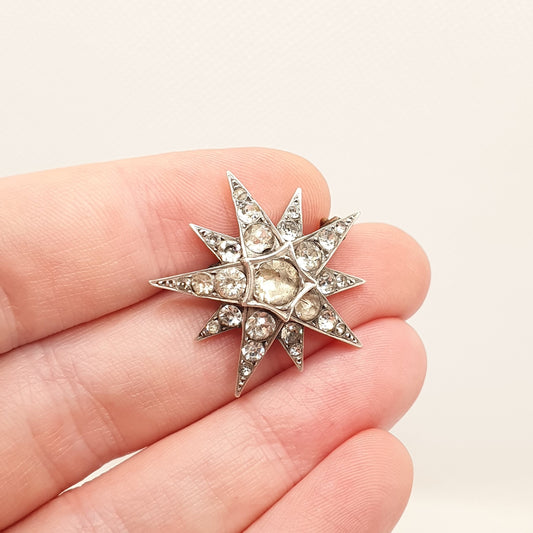 Antique Victorian Star Solid Silver Brooch Diamond Paste Old Cut Foiled Sparkly Shooting Star Celestial Womens Jewelry Jewellery Vintage