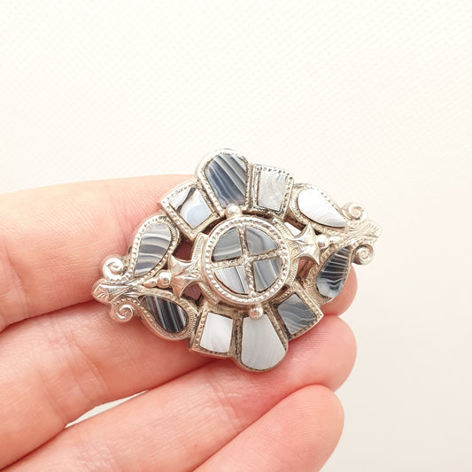 Antique Victorian Sterling Silver Blue Lace Agate Brooch Scottish Grey Banded Scotland Fine Estate 1800s Vintage Womens Jewelry Jewellery