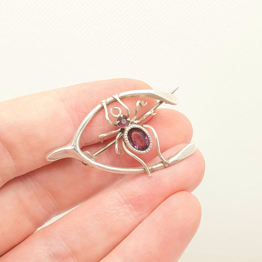 Antique Solid Silver Spider Brooch Wishbone Amethyst Paste Lucky Solid 925 Spiders Spiderweb Good Luck Womens Vintage Jewelry Jewellery