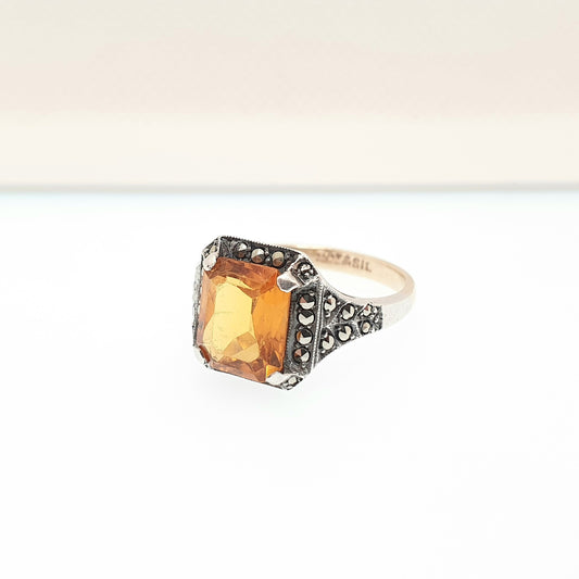 RESERVED/SOLD DON Antique 9ct Gold Citrine Paste Ring Solid Silver Marcasite 9k 375 Art Deco Orange Glass 1920s Vintage Cocktail Womens
