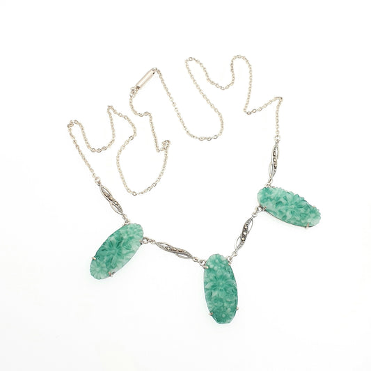 Antique Peking Glass Jade Necklace Sterling Silver Art Deco Marcasite Three Piece 52cm 12.88g Pendant Vintage Solid Womens Jewelry Jewellery