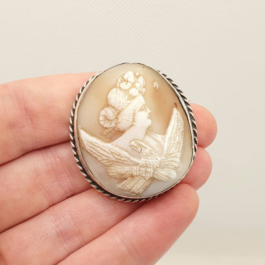 Antique Victorian Hebe Eagle Cameo Solid Silver Brooch High Relief Carving Bird Genuine Shell Womens Jewelry Jewellery Vintage 1800s