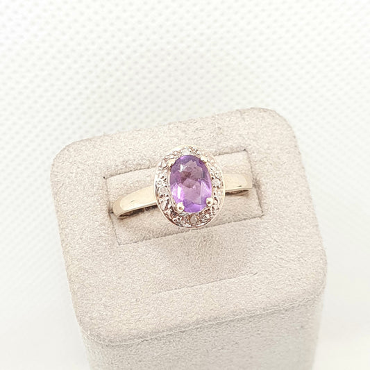 Vintage 9ct 375 Gold Amethyst & Diamond Ring Oval Cut Solid 9k Fine Estate Purple Gemstone Retro Hallmarked Womens Jewellery Jewelry