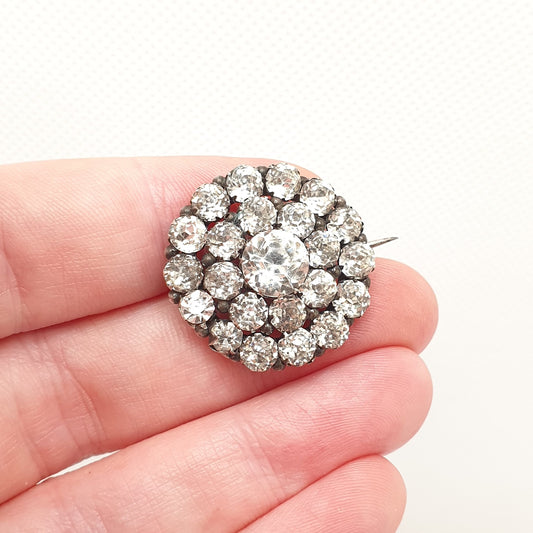 Antique Victorian Sterling Silver Diamond Paste Brooch Old Cut Cluster Foiled Diamond Pastes Solid Backed Vintage Ladies Womens Jewelry