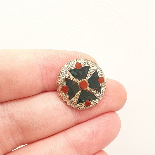 Antique 9ct Gold Bloodstone Brooch Maltese Cross Victorian Red Jasper Solid 9k 375 Scottish Targe Shield Fine Jewelry Jewellery Vintage