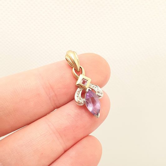 Vintage 9ct 9k Gold Amethyst Diamond Necklace Pendant Square Cut Marquise Solid 375 Retro Gemstone Carat Womens Ladies Jewellery Jewelry