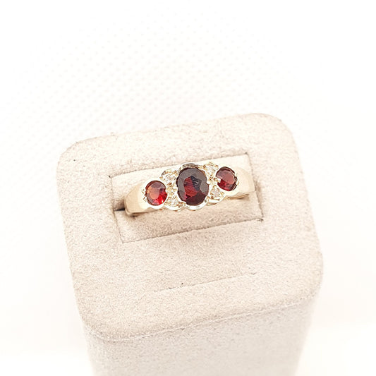 Vintage 9ct Gold Garnet Diamond Ring Solid 9k 375 Gypsy 1989 Hallmarked Crimson Red Pyrope Fine Gemstone Womens Retro Jewelry Jewellery