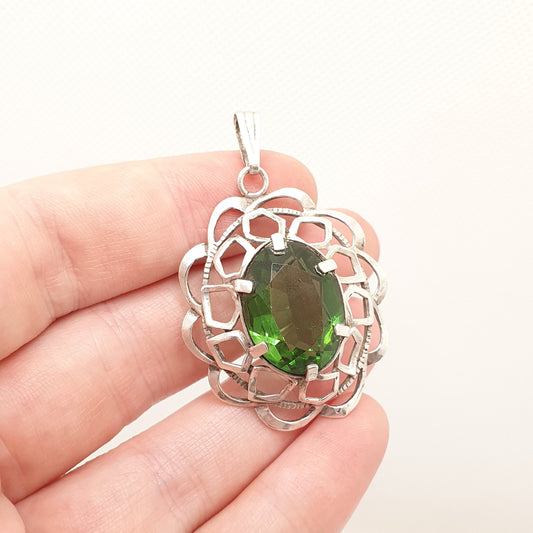 Old Vintage Sterling Silver Green Paste Necklace Pendant 1960s Large Brutalist Style 925 Emerald Tourmaline Tone Womens Jewelry Jewellery