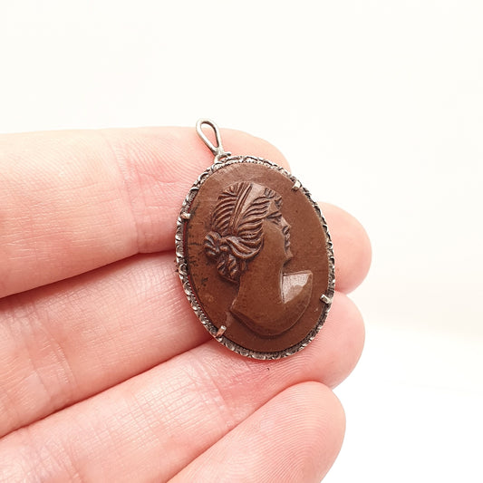 Antique Lava Cameo Brooch Pendant Solid Silver Red Burgundy Art Deco 1920s Genuine Real Artisan European Italian Vintage Jewelry Jewellery