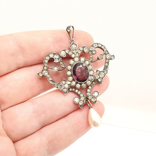 Antique Solid Silver Amethyst & Diamond Paste Pendant Necklace Foiled Pastes Art Nouveau Rare Vintage Large Big Womens Jewellery Jewelry