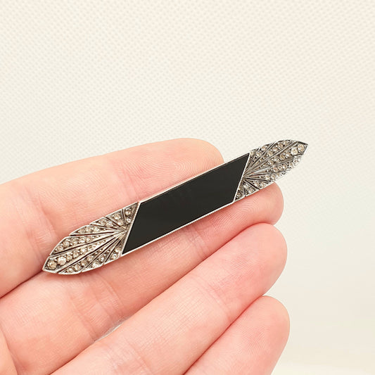 Antique Solid Silver Diamond Paste Brooch French Art Deco Black Abalone Shell Long Big Large Geometric 1920s Vintage Jewellery Jewelry