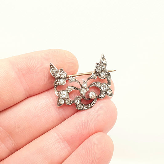 Antique Victorian Solid Silver Diamond Paste Brooch Wing Style Pin Scroll Ornate Late 1800s Sparkly Foiled Glass Tiny Cute Jewelry Jewellery