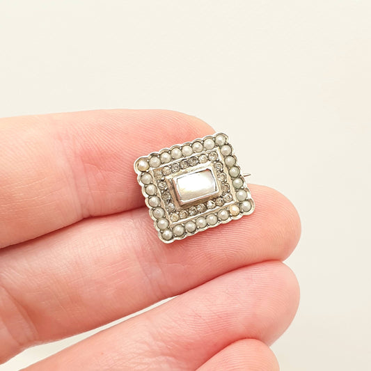 Antique Victorian Solid Silver Diamond Paste Seed Pearl Brooch Rectangular Mother of Pearl Small 1800s Vintage Womens Jewelry Jewellery