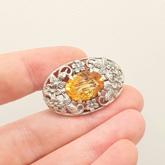 Antique Bernard Instone Sterling Silver Citrine Brooch Very Rare Art Nouveau Genuine Real Gemstone Quartz Oval Vintage Jewelry Jewellery