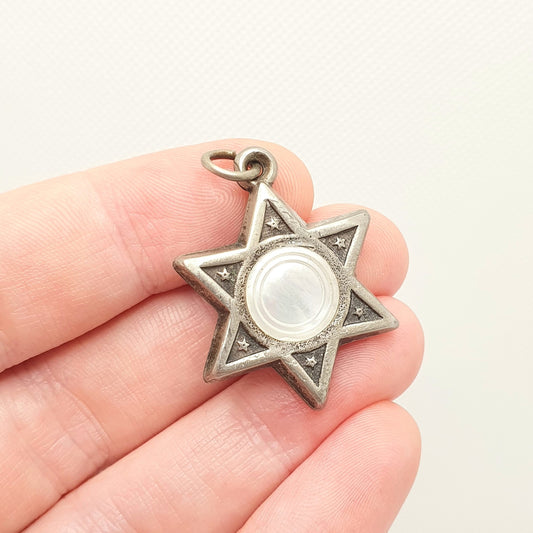 Antique Victorian Star Pendant Necklace Mother of Pearl 6 Pointed Point Silver Plate Vintage 1800s Moon Night Womens Jewelry Jewellery