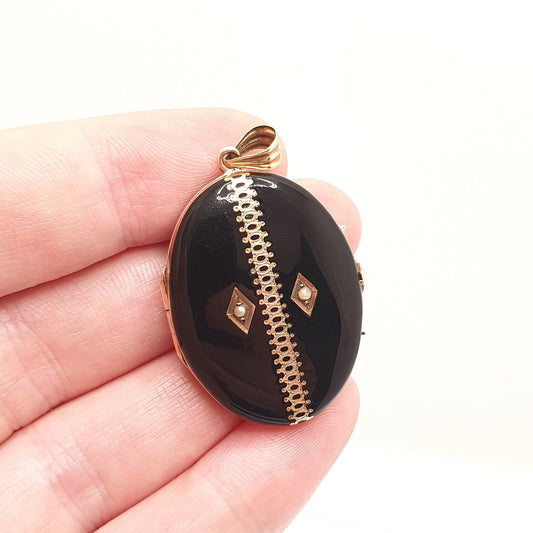 Antique Victorian 9ct Gold Black Enamel Locket Mourning Solid 9k 375 Seed Pearl Large Big Oval Vintage Fine Necklace Pendant Gothic Jewelry