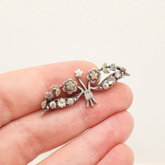 Antique Victorian Solid Silver Paste Brooch Sweetheart Diamond Pastes Rose Gold Highlight Bar Flower Spray Vintage Fine Jewelry Jewellery