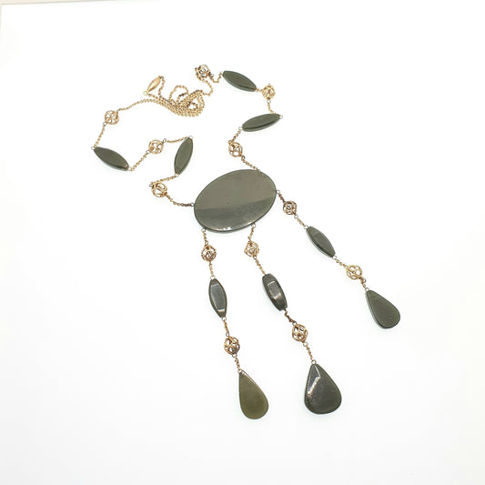 Antique Solid Silver Nephrite Jade Necklace Gold Vermeil Arts & Crafts New Zealand Jade Lavalier Lavaliere Tassel Lariat Jewelry Jewellery