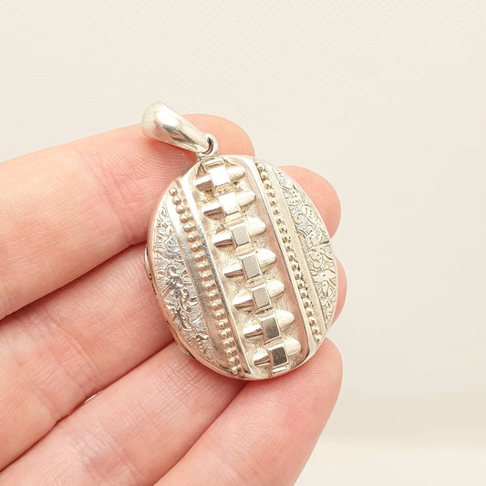 Antique Victorian Sterling Silver Locket 1880 Hallmark Geometric Stepped Oval Necklace Pendant Picture Photo Vintage Jewellery Jewelry