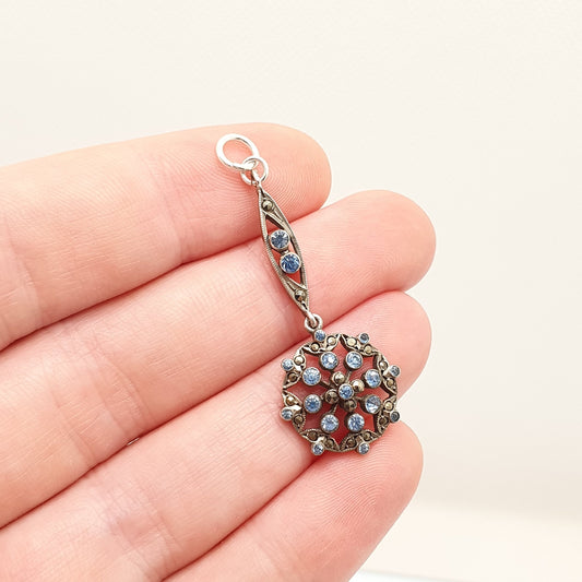 Antique Solid Silver Sapphire Paste Pendant Necklace Art Deco Marcasite Cluster Pendulum 1920s Sparkly Vintage Womens Jewellery Jewelry