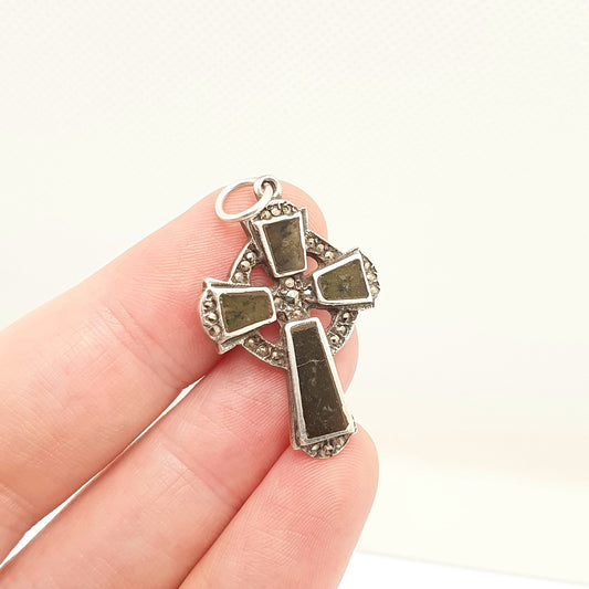 Vintage Sterling Silver Connemara Marble Celtic Cross Necklace Pendant 1970s Irish Green Hardstone Marcasite Retro Vintage Jewelry Jewellery