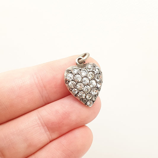 Antique Solid Silver Diamond Paste Heart Pendant Necklace Victorian Puffer Charm Old Cut Ornate Sparkly Vintage Womens Jewellery Jewelry