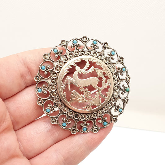 Antique Victorian Solid Silver Stag Brooch Deer Necklace Pendant Rose Gold Faux Turquoise Marcasite Solid 950 Vintage Jewelry Jewellery