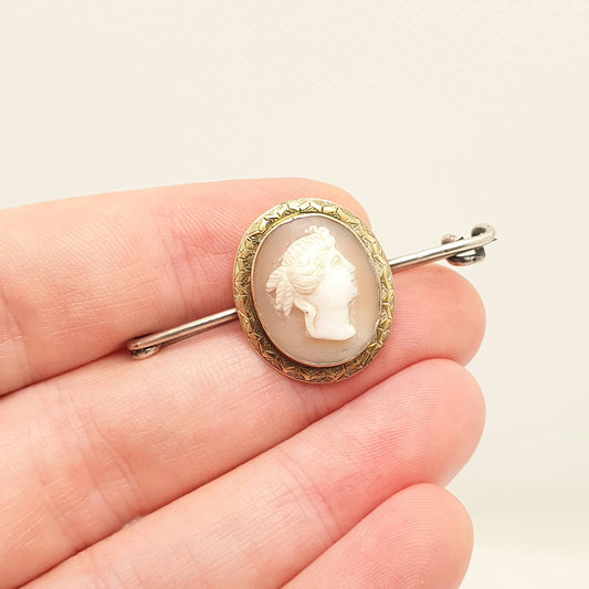 Antique Victorian 9k 9ct Gold Cameo Brooch Pin Solid Silver Bar Pin 375 Hand Carved Shell Vintage Italian European Jewelry Womens Jewellery