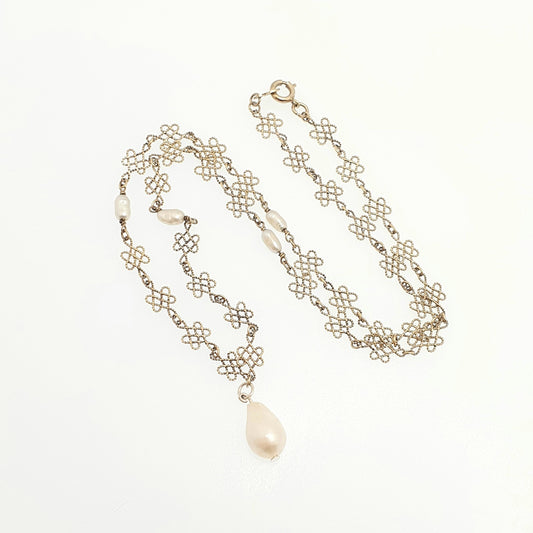 Antique Sterling Silver Freshwater Pearl Necklace Gold Vermeil Arts and Crafts Filigree Knot Scandinavian Y Pendant Womens Jewelry Jewellery