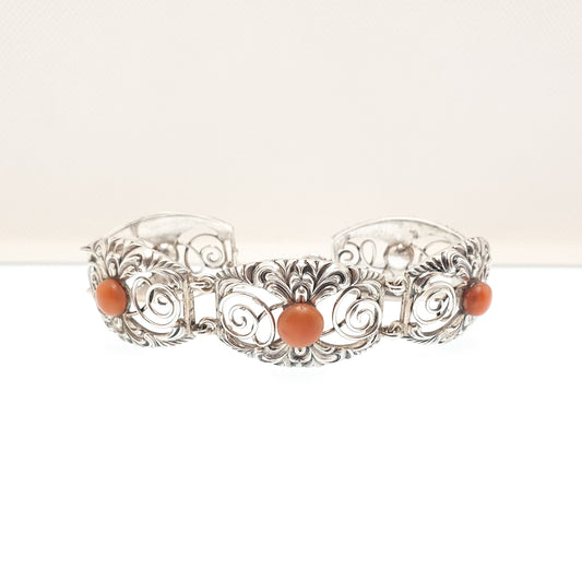 Antique Solid Silver Coral Bracelet Arts & Crafts Victorian 1800s Vintage Genuine Real Red Orange Fine Estate Womens Jewelry Jewellery