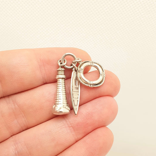 Antique Victorian Solid Silver Sailing Ship Charm Pendant Lighthouse Boat Ship Life Saver Necklace Genuine 1800s Jewelry Vintage Jewellery