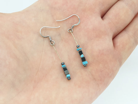 Vintage Sterling Silver Faux Turquoise & Hematite Earrings Square Chip Dangling Drop Hanging Dyed Howlite Womens Jewelry Retro Jewellery