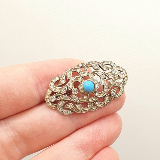 Antique Solid Silver Diamond Paste Brooch Turquoise Glass Centre Art Deco Pin Forget Me Not Turquoise Vintage Fine Sparkly Womens Jewelry