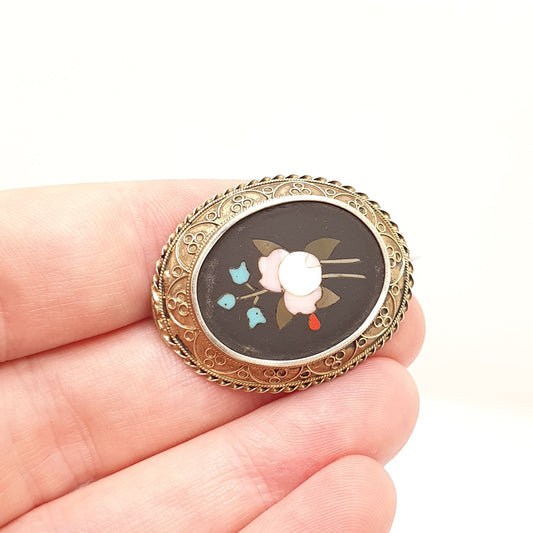 Antique Victorian Pietra Dura Brooch Solid Silver Gold Vermeil Filigree Flower Italian Genuine 1800s Vintage Womens Jewellery Jewelry