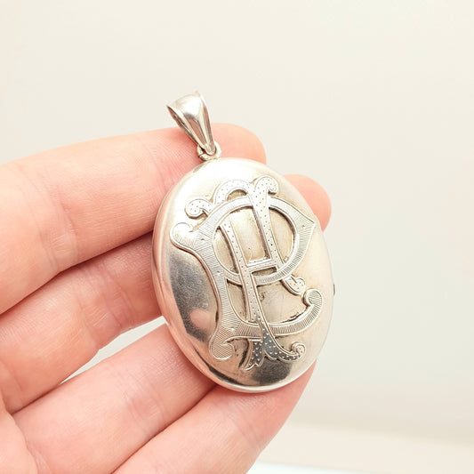 Antique Victorian Locket Solid Silver Initialled Monogram Necklace Pendant Genuine Large 1800s Big Picture Photo Oval Vintage Mens Womens