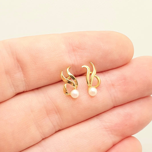 Vintage Cultured Pearl 9k 9ct Gold Stud Earrings Genuine Real Pearls Solid Yellow 375 Womens Ladies Jewelry Jewellery Bead Retro 9kt Yellow