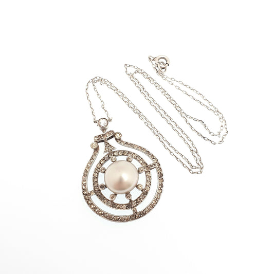 Antique Sterling Silver Pearl & Diamond Paste Pendant Necklace Genuine Cultured Pearl Target Art Deco 1920s Vintage Womens Jewelry Jewellery