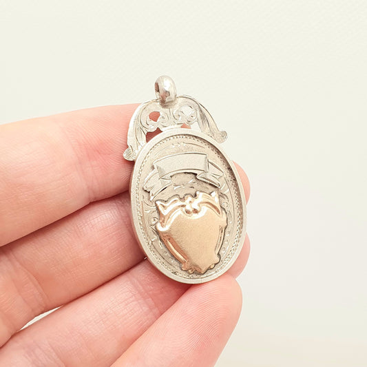 Antique Sterling Silver Albert Shield Fob Pendant Rose Gold Centre Hallmarked Big Heavy Large Pocket Watch Necklace Womens Jewelry Jewellery