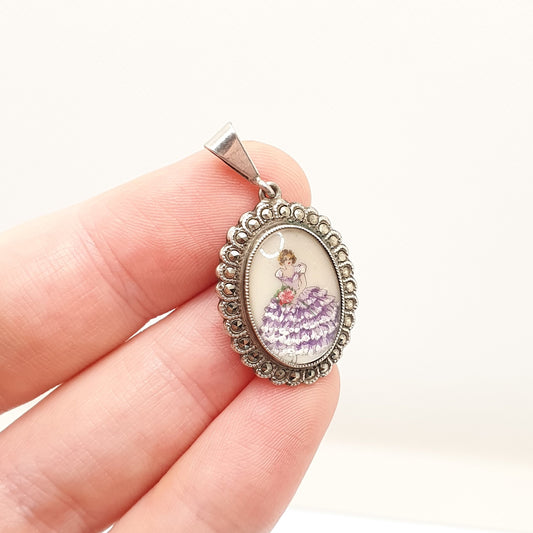 Antique Sterling Silver Hand Painted Pendant Thomas Mott TLM Portrait Necklace Art Deco Vintage Woman Flowers Marcasite Jewelry Jewellery