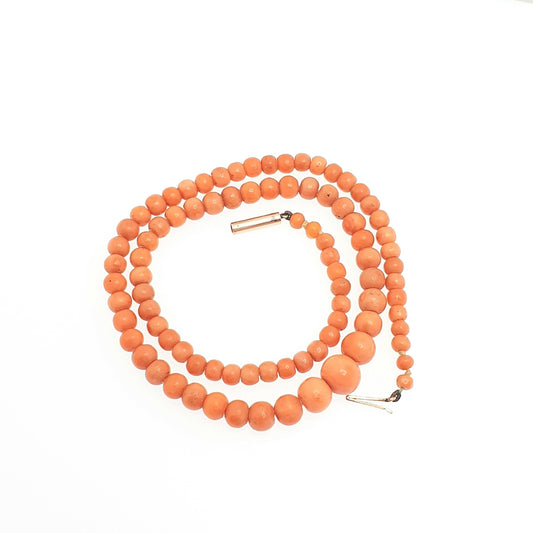 Antique 9ct Gold Victorian Coral Bead Necklace Salmon Orange Pink Round Graduating Solid 9k 375 49.5cm 16.13g Genuine Vintage Jewelry Fine