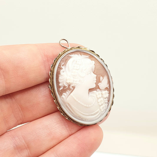 Vintage Sterling Silver Cameo Pendant Brooch Woman With Bird Genuine Shell 1970s Necklace Oval 925 Italian Womens Jewelry Jewellery