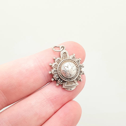 Antique Victorian Solid Silver Pendant Charm Necklace Etruscan Beaded Engraved Sweetheart Genuine 1800s Womens Jewelry Vintage Jewellery