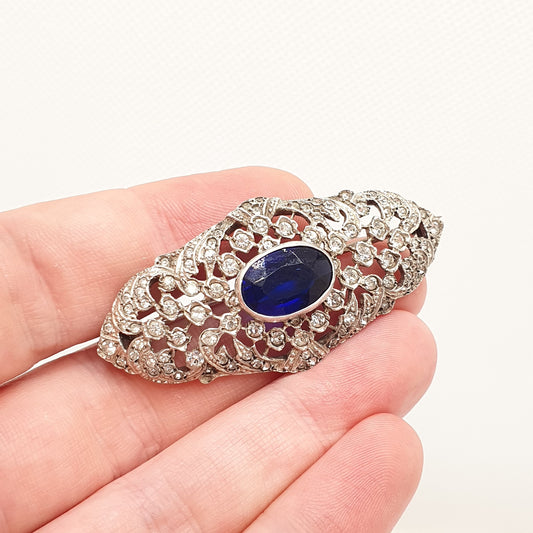 Antique Victorian Sterling Silver Sapphire Paste Brooch Diamond Pastes Art Noueavu Ornate Scroll Sparkly Vintage Womens Jewelry Jewellery