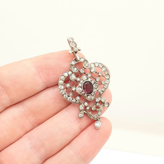 Antique Solid Silver Amethyst & Diamond Paste Pendant Necklace Foiled Pastes Cluster Edwardian Rare Vintage Womens Jewellery Jewelry