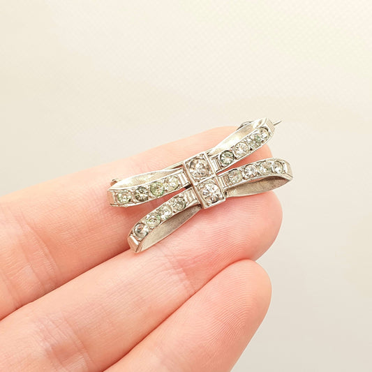 Antique Art Deco Diamond Paste Sterling Silver Bow Brooch Ribbon Diamond Pastes 1920s Sweet Cute Vintage Womens Jewelry Jewellery Vintage