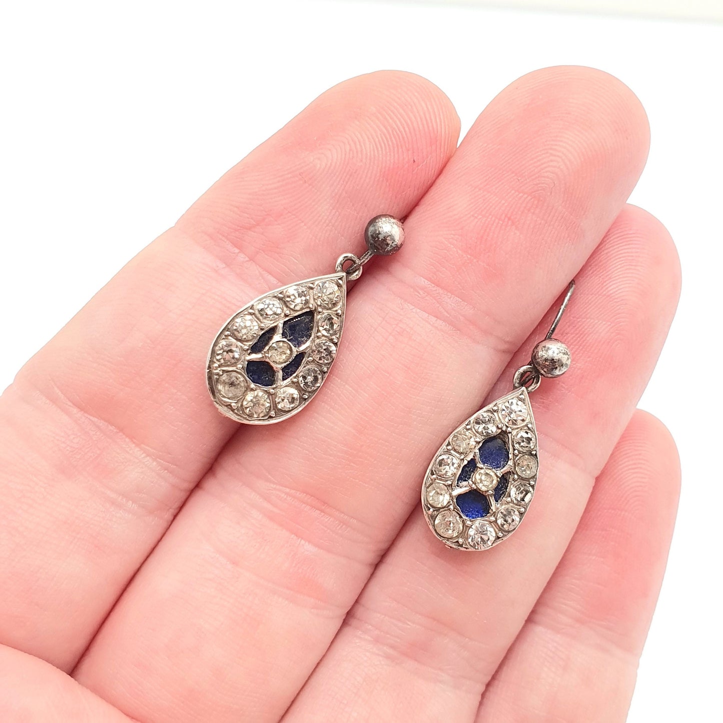 Antique Victorian Solid Silver Paste Earrings Bristol Blue Glass Diamond Foiled Glass Hook Dangle Dangling Genuine Vintage Jewelry Jewellery