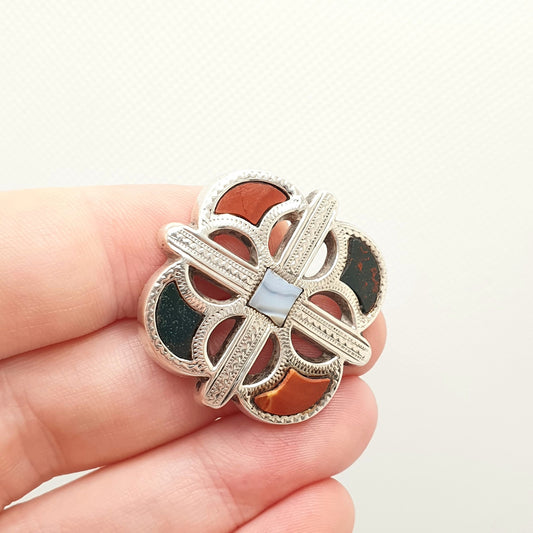 Antique Scottish Bloodstone Sterling Silver Brooch Victorian Jasper Lace Agate Cruciform Cross Solid Vintage Celtic Womens Jewelry Jewellery