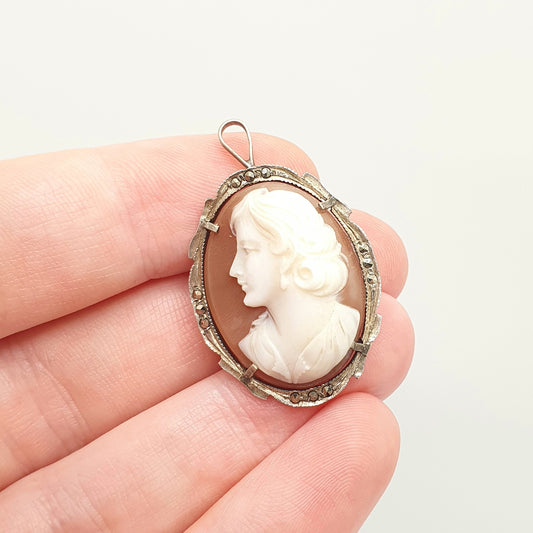 Antique Solid Silver Cameo Pendant Brooch Necklace Lady Genuine Shell Art Deco 1920s Marcasite Border Oval Italian Womens Jewelry Jewellery