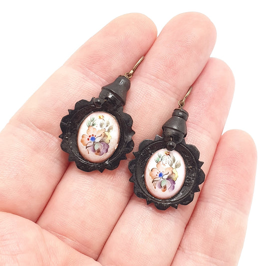 Antique Victorian Whitby Jet Earrings Hand Painted Hand Carved Beads Round Pendulum Hook Dangle Drop Unique Vintage Jewelry Jewellery