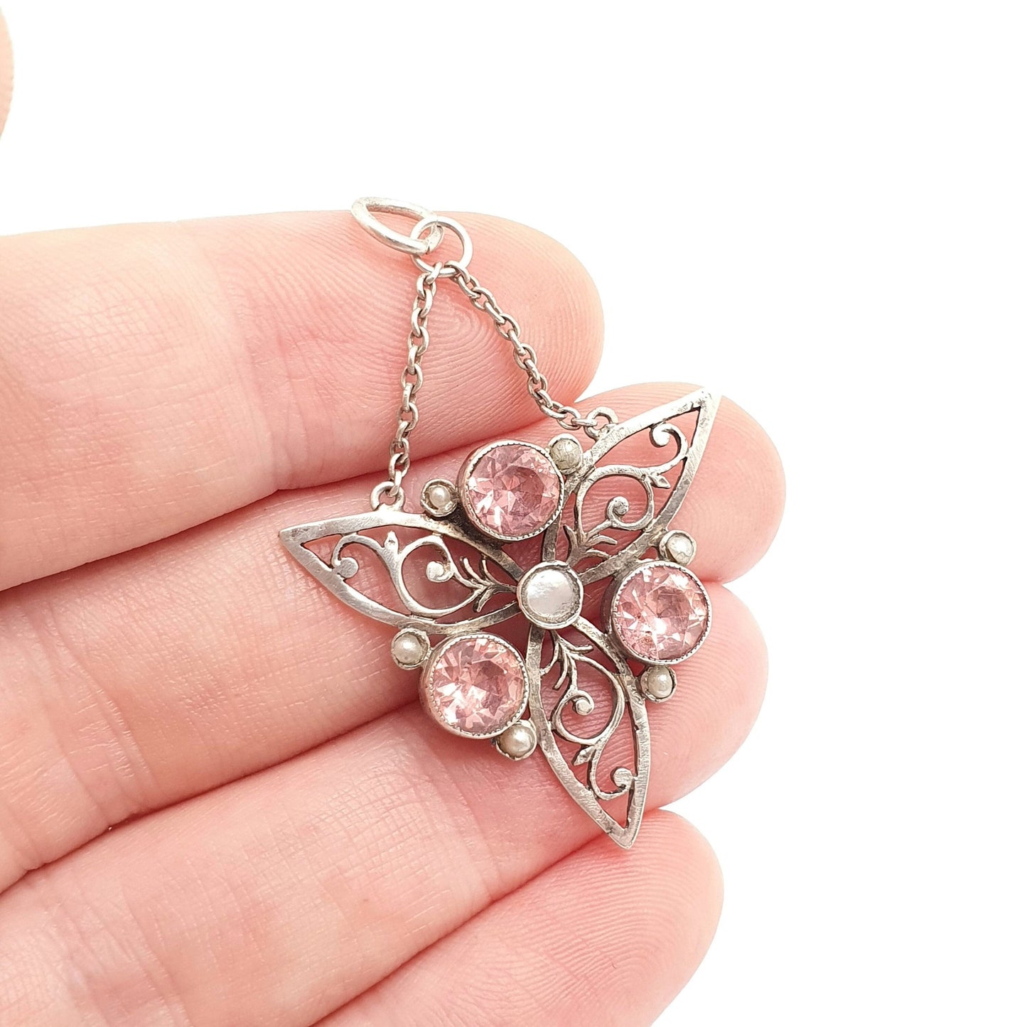 Antique Victorian Solid Silver Pink Paste Pendant Arts and Crafts Necklace Seed Pearl Hanging Openwork Vintage Womens Jewellery Jewelry